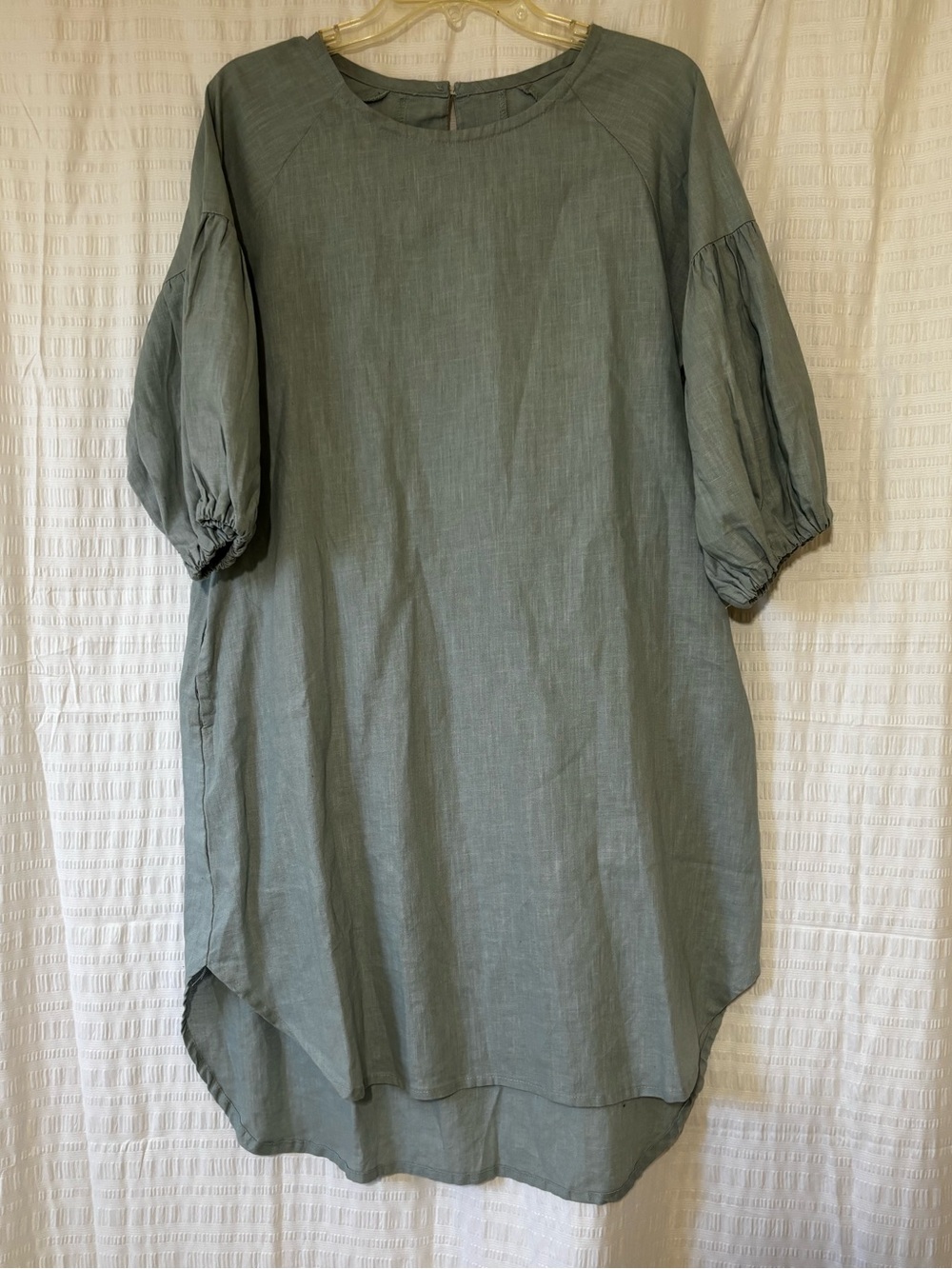 Linen Dress Sage Green Blue Linen Dress Puff Sleeve with Pockets Sz Medium